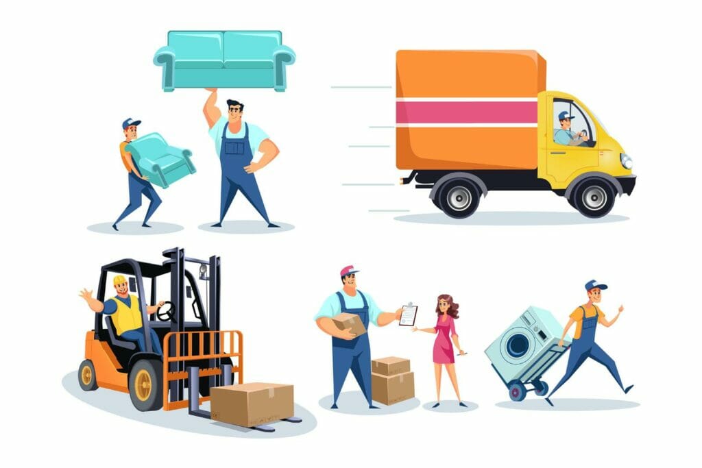 A group of people moving a truck and car for furniture shipping.