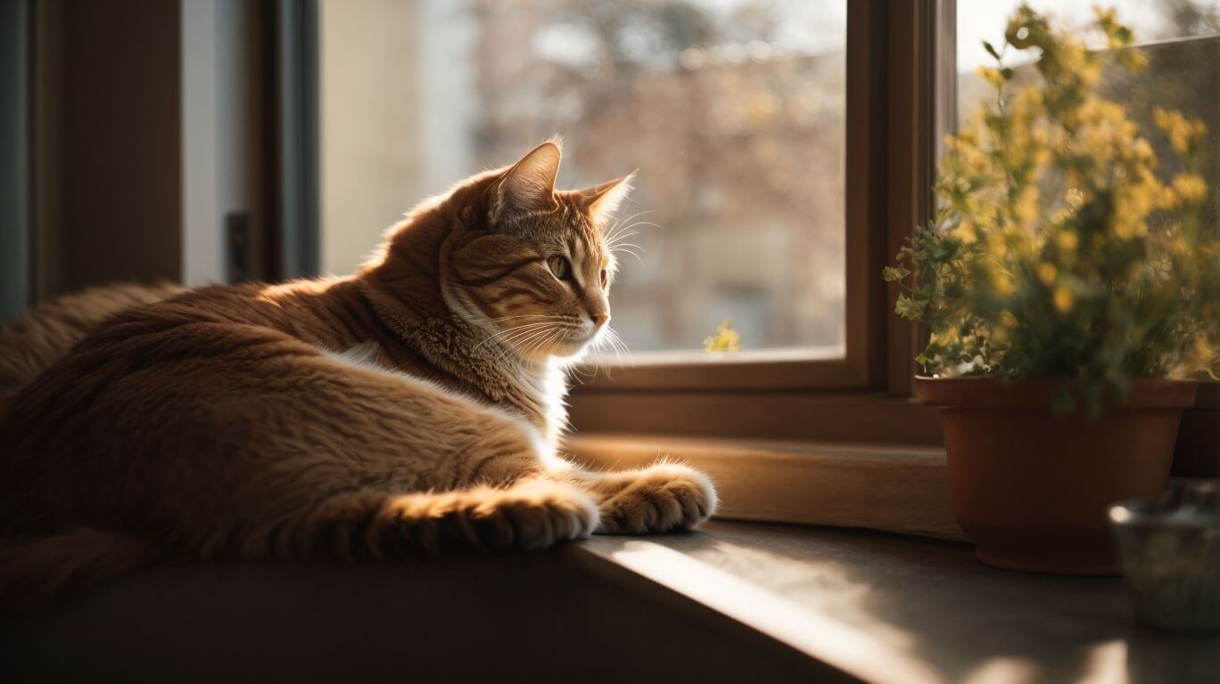 An orange tabby cat sits on a window sill, occasionally feeling the cool draft coming from outside.