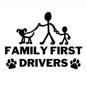 A stick figure holding hands with a child and a dog on a leash, symbolizing the "Family First Drivers," mirrors the heart of CitizenShipper above the text, with paw prints adorning each side, capturing the essence of a true success story.