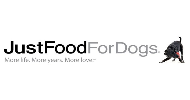 JustFoodForDogs logo with the tagline "More life. More years. More love." highlights why it’s among the best dog food brands, featuring a black dog playing with a red toy on the right.