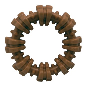 Brown, circular Nylabone dog chew toy with textured ridges and small protrusions, perfect for active dogs seeking durable toys.