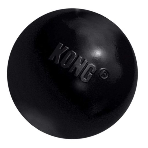 Black rubber ball with "KONG" embossed on its surface, designed for safety and comfort, making it an essential accessory for German Shepherd enthusiasts.