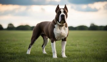 A strong brown and white Cane Corso with cropped ears stands alert on a grassy field under a cloudy sky.
