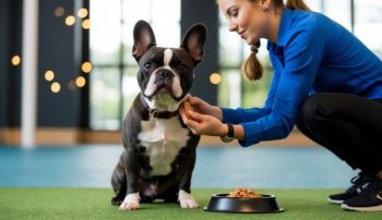 A woman in a blue shirt kneels beside her French Bulldog on green flooring, adjusting its collar. With quick tips for French Bulldog training, success in 30 days is within reach. A black bowl with dog treats sits enticingly in front of the eager pup.