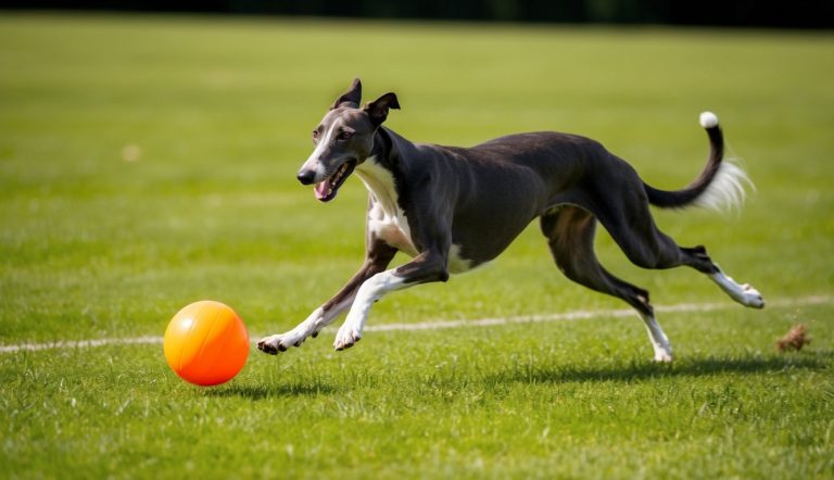 A greyhound joyfully dashes across the grass, eagerly chasing an orange ball, one of the perfect fun toys for Greyhounds.