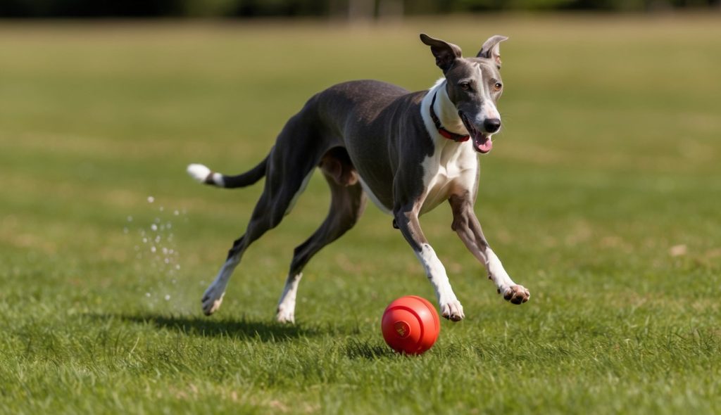 A greyhound with a red collar sprints across the grass, embodying speed and fun as it chases a red ball, its favorite toy.