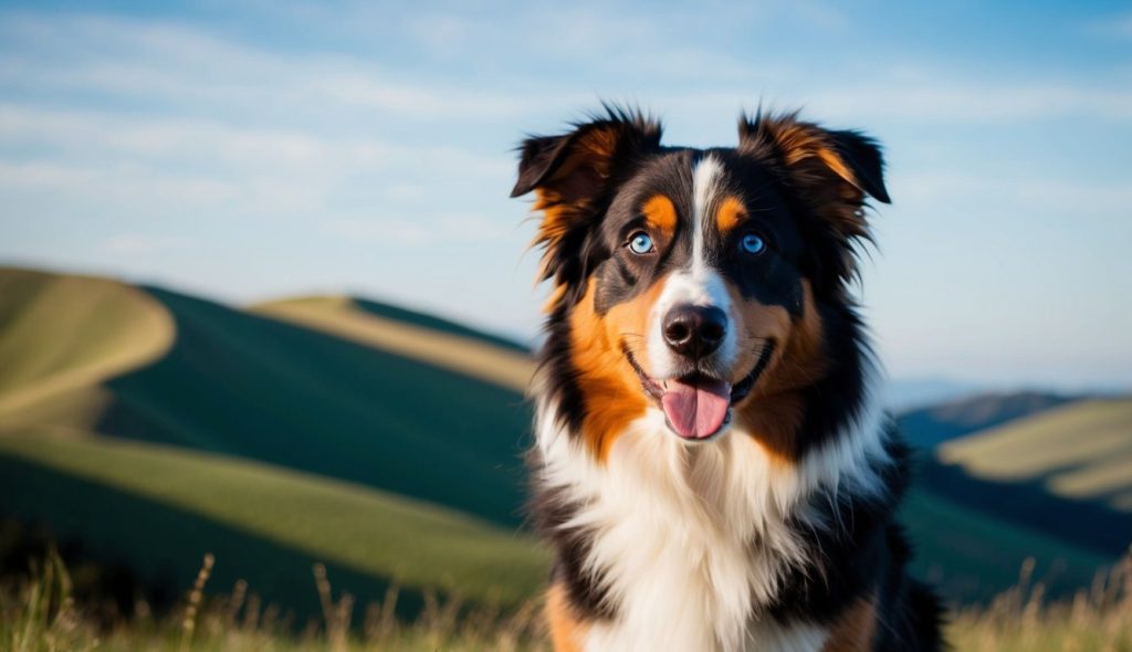A smiling Australian Shepherd with blue eyes sits in a grassy field, surrounded by rolling hills and a clear blue sky.
