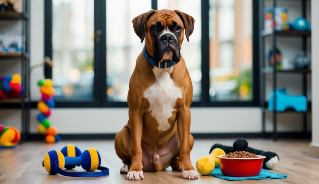 A brown boxer dog with a blue collar sits on a wooden floor surrounded by colorful toys and a bowl of kibble, in front of large windows.