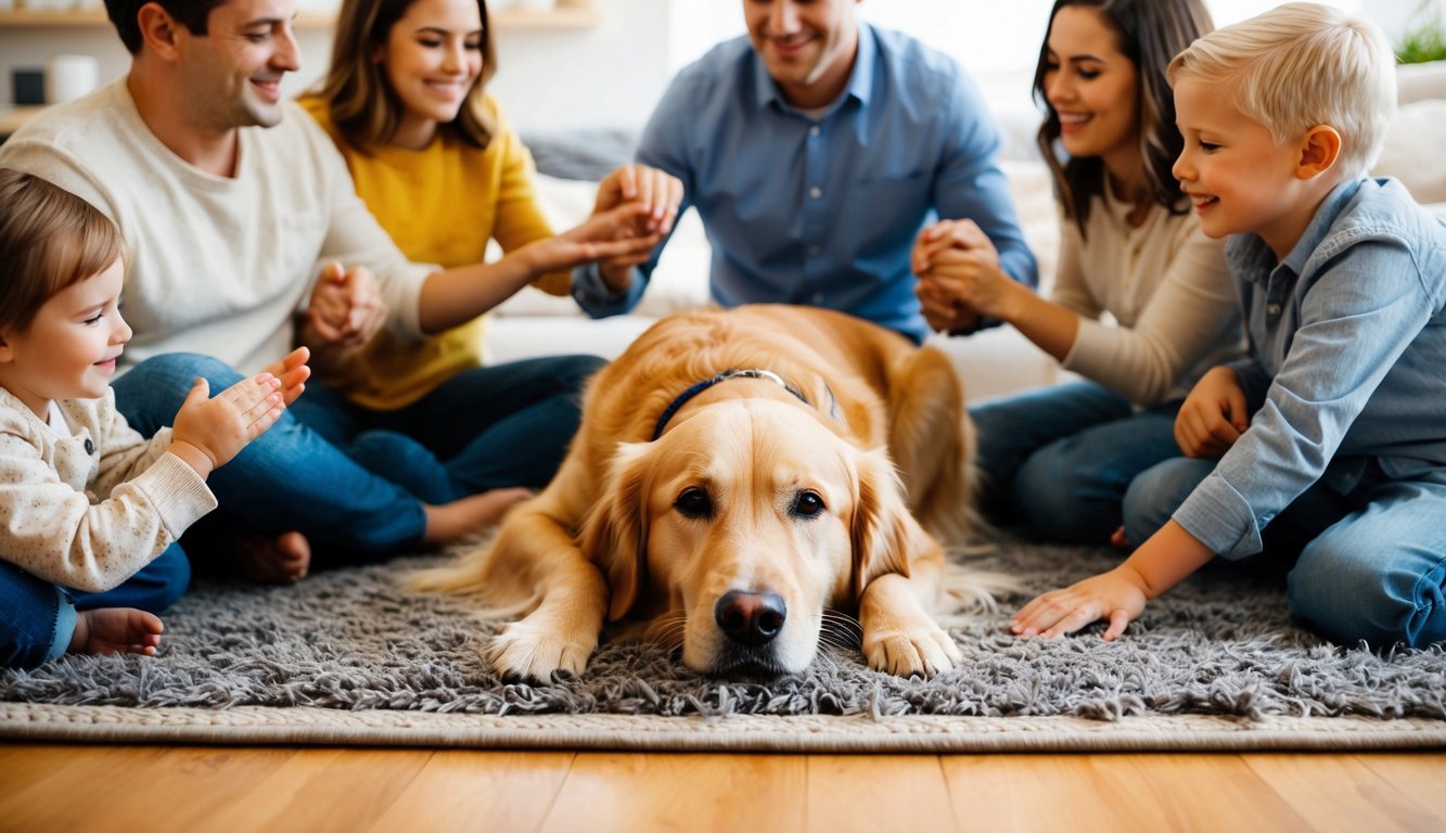 A golden retriever lies on a rug, enveloped by a loving family of smiling adults and children, all eagerly reaching toward the cheerful dog.