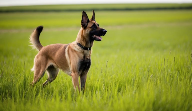 In a lush green field, a vigilant Belgian Malinois stands alert, wearing a sleek black collar.