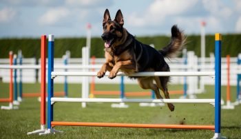 A Belgian Malinois and a German Shepherd, renowned for their agility, gracefully leap over hurdles on a lush grassy field.