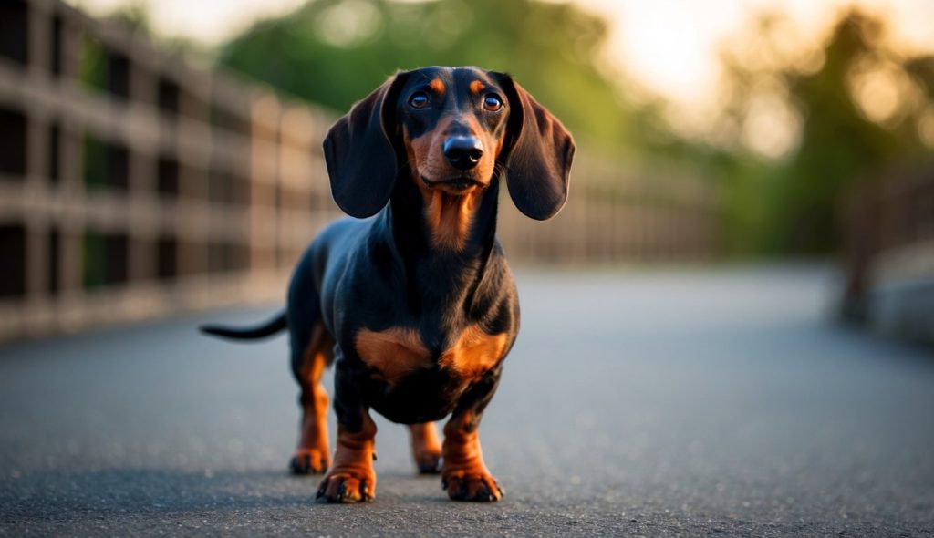 A dachshund proudly stands on a paved path, with blurred greenery painting a serene background.