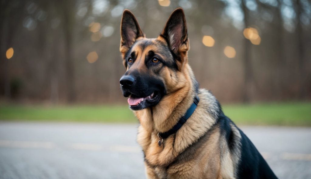 A German Shepherd dog with a distinctive collar sits outdoors, looking alert. The background is a beautifully blurred natural setting with lush trees, embodying the classic German charm of nature.