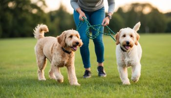A person strolls across the green grass, guiding two cheerful goldendoodles.