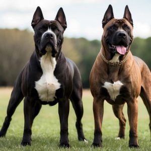 Two muscular Presa Canario dogs with pointed ears and white chest markings stand on grass, one black and one brown, with trees in the background.