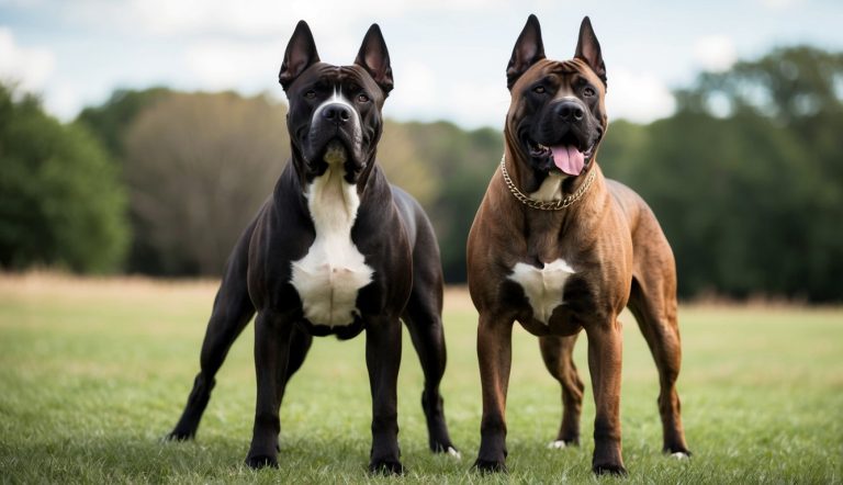 Two muscular Presa Canario dogs with pointed ears and white chest markings stand on grass, one black and one brown, with trees in the background.