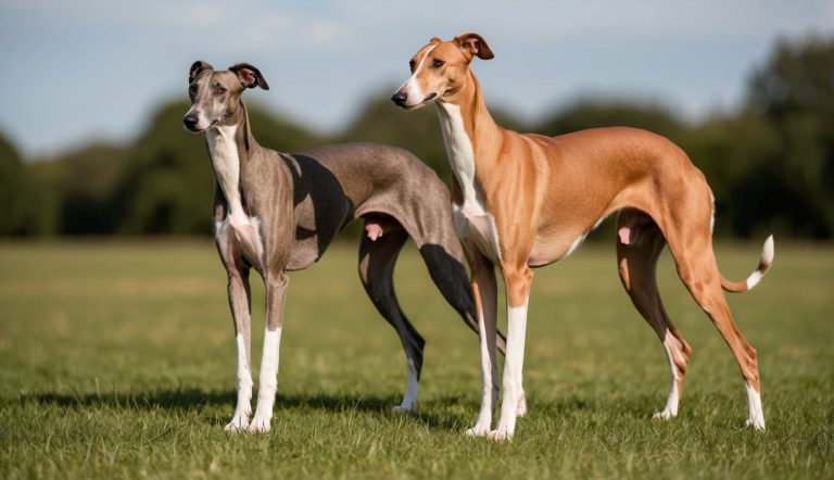 In a sunlit field with trees in the background, two elegant greyhounds, resembling their whippet cousins, stand gracefully on the lush grass—one with a sleek gray coat and the other a warm tan.