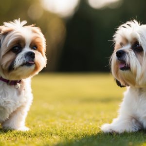 Two small, fluffy dogs—a Shih Tzu and a Lhasa Apso—with long fur and similar markings are on a grassy field, facing each other.