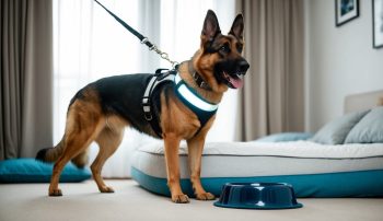 A German Shepherd wearing a stylish harness stands alert on the carpeted floor alongside a blue food bowl, with cozy home accessories like a bed and curtains in the background.