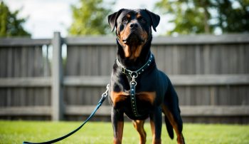 A majestic Rottweiler on a leash stands proudly on the green grass, with a rustic wooden fence and lush trees providing a picturesque backdrop.