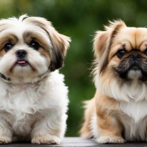 Two small, fluffy dogs, reminiscent of a Pekingese and a Shih Tzu in their charm, sit side by side on a wooden surface against a blurred green background.