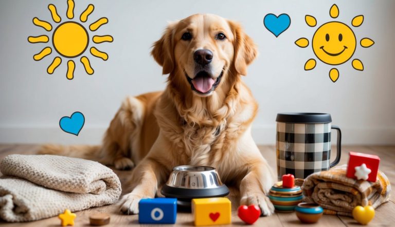 A golden retriever, perhaps named Max or Daisy, lies contentedly on the floor surrounded by toys, a mug, and a cozy blanket. Sun and heart doodles whimsically decorate the background.