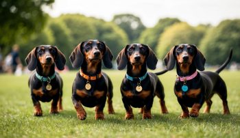 Four dachshunds with the best Dachshund names sport collars as they stand on grass in a park, with trees swaying gently in the background.