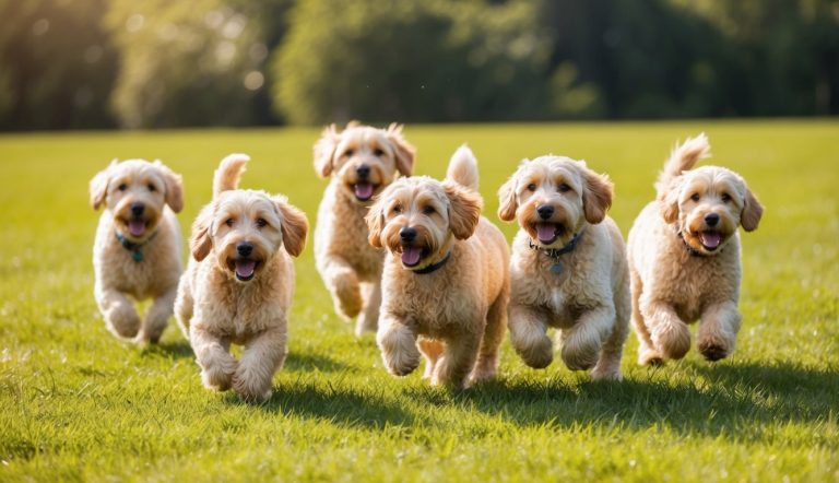 Cooper and five other fluffy dogs are joyfully running on a green grassy field.