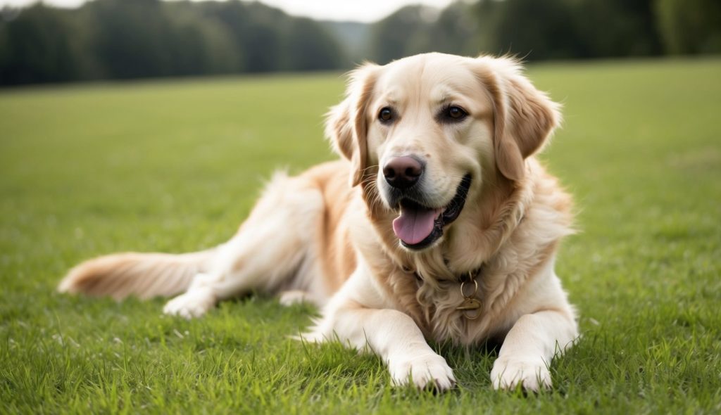 Golden retriever lying on grass in a park, looking forward with a relaxed expression, embodying the vitality and wellness tips from the Golden Retriever Health Guide.