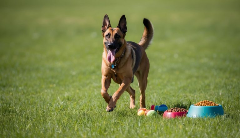 A Belgian Malinois with a collar runs joyfully on the grass, surrounded by colorful food bowls and toys.