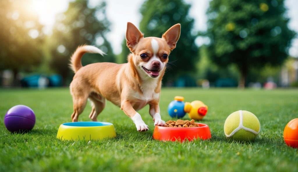 A small chihuahua stands on grass, surrounded by colorful bowls and toys, with trees and sunlight in the background.