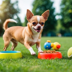 A small chihuahua stands on grass, surrounded by colorful bowls and toys, with trees and sunlight in the background.