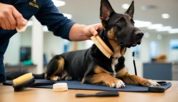 A German Shepherd, known for its double-coated fur like the Belgian Malinois, is being groomed on a table with two brushes and a comb visible nearby.
