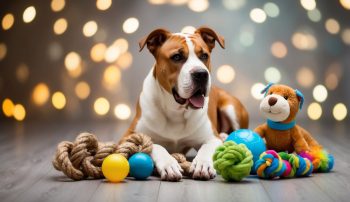 A Cane Corso lounges on a wooden floor adorned with toys, from sturdy ropes and vibrant balls to a plush toy, all gently illuminated by bokeh lights in the background.
