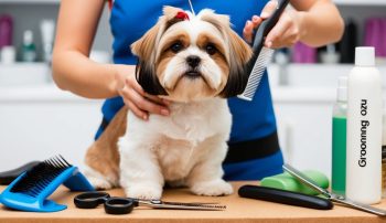 A small Shih Tzu sits on a table being groomed. Scissors, brushes, and the best dog clippers surround it.