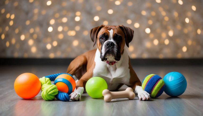 A brown and white boxer lies on a wooden floor, surrounded by colorful balls and a bone against a backdrop of blurred lights.