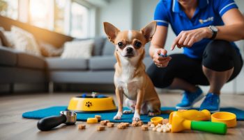 A small dog sits on a mat with a person nearby, surrounded by a yellow food bowl, training toys, and treats scattered across the living room floor—an ideal setting for positive reinforcement.