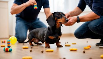 A dachshund stands on a wooden floor surrounded by toys and treats, while two people kneel nearby, using dachshund training tips to engage their lively companion.
