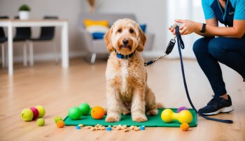 A cheerful goldendoodle sits on a mat surrounded by toys and treats, with a person gently holding its leash in the bright room.