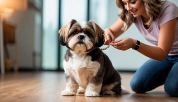 A woman gently places a necklace on her small fluffy Shih Tzu, who sits patiently on the wooden floor in a bright room.