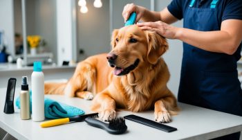 A golden retriever is being groomed on a table, surrounded by essential tips for achieving a healthy coat, alongside brushes and grooming products.