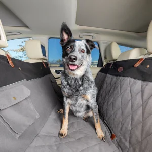 A dog sits on a quilted car seat cover in the backseat of a vehicle, looking forward with one ear perked up. This essential item is perfect for protecting seats while making travel comfortable, and it tops the list of must-have gifts for any pet-loving family.