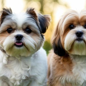 Two small, fluffy dogs—one a Lhasa Apso and the other a Shih Tzu—sit side by side on the grass with a blurred background of trees.