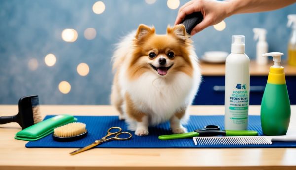 A fluffy dog, part of the happy Poms club, is groomed on a table with various grooming tools and pet care products scattered around, including scissors, a brush, and shampoo bottles—showcasing expert Pomeranian care.