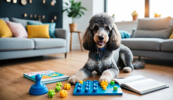 An intelligent breed, the poodle lies on the floor surrounded by a puzzle game, an open book, and a magazine in the bright living room.