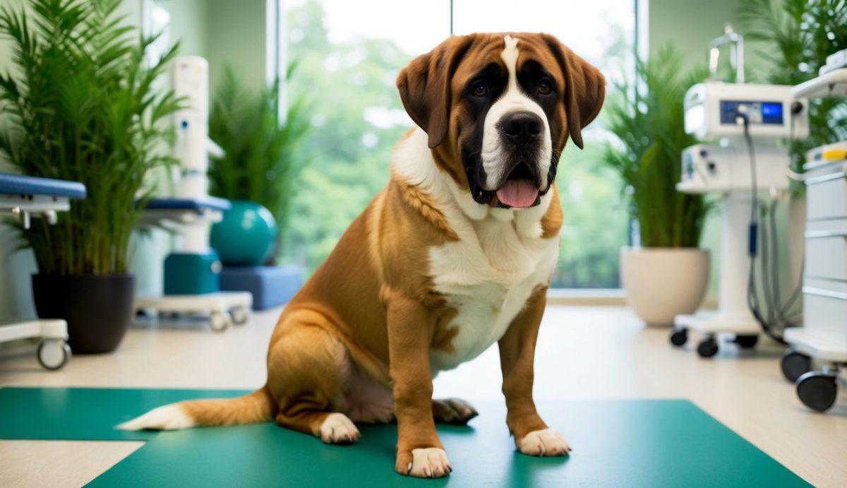 A large brown and white Saint Bernard, known for their gentle giant nature, sits on a mat in a room adorned with medical equipment and plants, embodying the essence of comprehensive wellness.