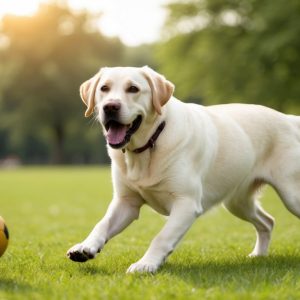 A Labrador Retriever, one of America's top dog breeds, is playing with a soccer ball on a green lawn with trees in the background.