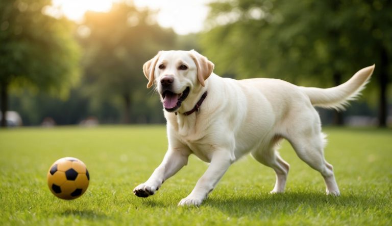 A Labrador Retriever, one of America's top dog breeds, is playing with a soccer ball on a green lawn with trees in the background.