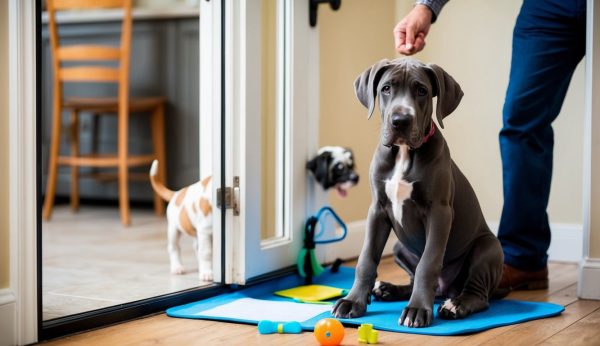 A person holds a leash while a gentle giant of a Great Dane sits on a blue mat beside dog toys. Another small dog is visible near a door, perhaps picking up some training tips from its larger companion.