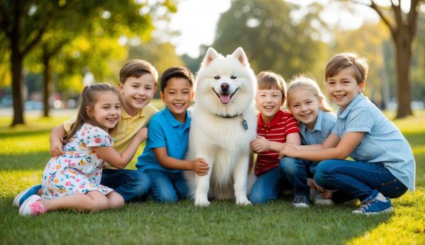 Six children sitting on grass with a fluffy white dog, smiling at the camera in a park setting. This charming scene captures the irresistible Samoyed traits that steal hearts with their fluffy wonders and endless smiles.